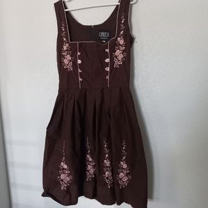Brown German style dress with pink floral embroidery